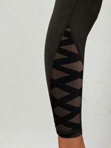 压缩运动紧身裤，网眼拼接设计，侧边手机口袋 - 黑色 - 查看 5