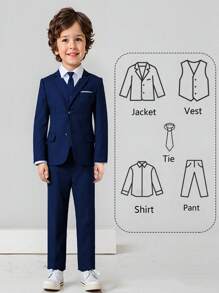 Boys Suits 5-Pieces Suit Set Toddler Tuxedos Dresswear Ring Bearer Outfit Wedding Blazer Vest Pants Shirts Tie Formal Suits For Kids Navy Blue Size 3-8Y