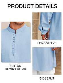 Runcati Men's Cotton Linen Henley Button Down Thobe Long Sleeve Casual Muslim Kaftan Gown - 藍色 - 查看 5
