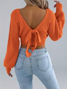 Y2K Backless Bow Tie Sweater Women Cold Shoulder Puff Sleeve Pullover Knot Front Solid Fall Winter Halloween - Orange - View 1