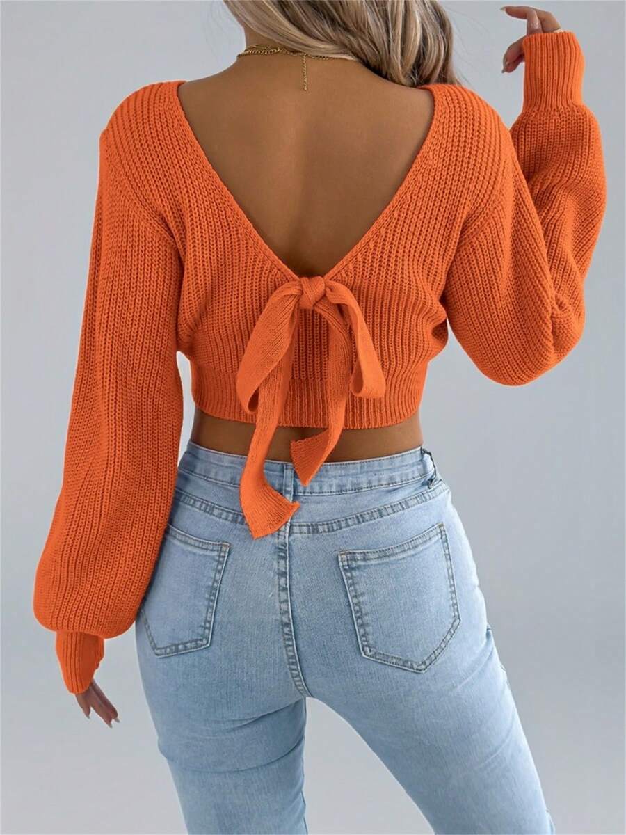Y2K Backless Bow Tie Sweater Women Cold Shoulder Puff Sleeve Pullover Knot Front Solid Fall Winter Halloween - Orange - View 1
