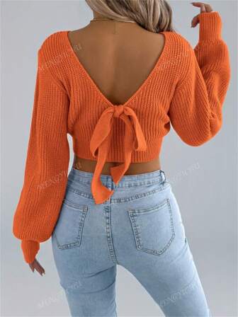 Y2K Backless Bow Tie Sweater Women Cold Shoulder Puff Sleeve Pullover Knot Front Solid Fall Winter Halloween