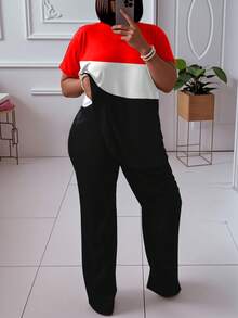 Women'S Large Size Color Block Casual Outfit - Comfortable Polyester Short Sleeve Top And Loose Wide Leg Pants Set, Machine Washable, Suitable For Fashion Casual Clothing, Plus Size Pants Women'S Plus Size Clothing - 紅黑色 - 查看 1