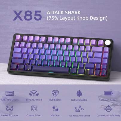  ATTACK SHARK X85 Teclado Mecânico Gamer Sem Fio com Knob, Hot Swappable, Conexão BT/2.4GHz/USB-C, Keycaps PBT com Impressão Lateral, Layout 75% com Gasket e RGB, Switch Linear White Jade para PC/Windows