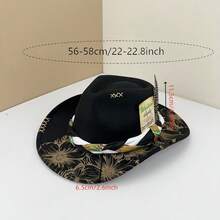 Floral Print Cowgirl Hat For Women Men Feather Belt Decor Wide Brim Felt Western Cap For Party - 米色 - 查看 7