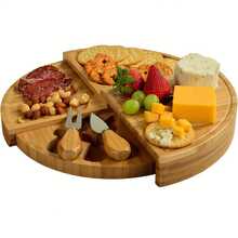 35cm Bamboo Cheese Board And Knife Set, Round Charcuterie Board Set With 2 Knives, Cheese Meat Wine Serving Tray Platter, Home Decor Set - Brown - View 1