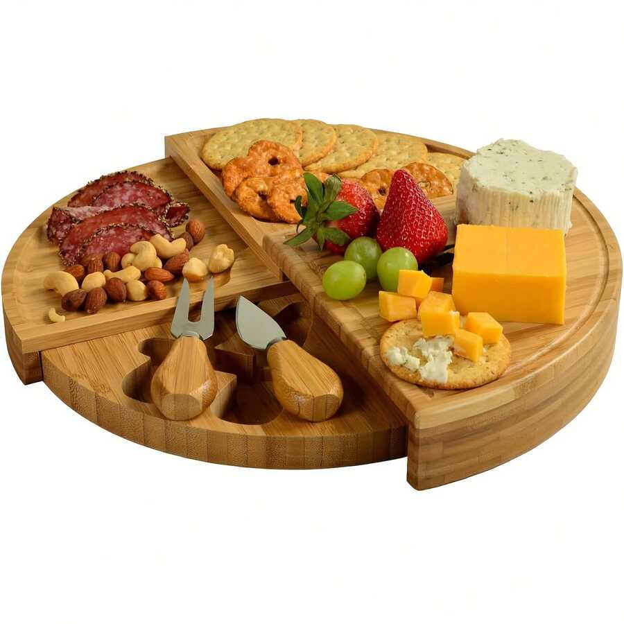 35cm Bamboo Cheese Board And Knife Set, Round Charcuterie Board Set With 2 Knives, Cheese Meat Wine Serving Tray Platter, Home Decor Set - Brown - View 1