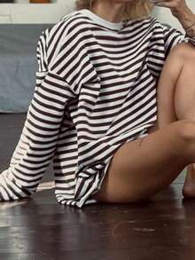 Striped Full Sleeve T-Shirts Streetwear Casual O-Neck Loose Fit Tees Simple All-Matched Autumn Oversized Tops For Women