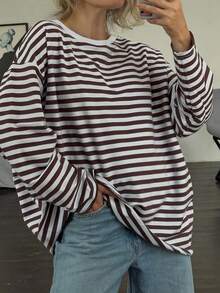 Striped Full Sleeve T-Shirts Streetwear Casual O-Neck Loose Fit Tees Simple All-Matched Autumn Oversized Tops For Women