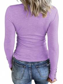 Women's Long Sleeve Henley T Shirts Button Down Slim Fit Tops Scoop Neck Ribbed Knit Shirts/Vacation Outfits Women/Valentine Outfits For Women - 芋頭紫 - 查看 2