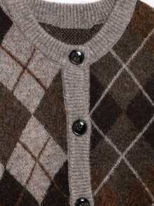 山茶花女装秋冬新款菱格纹长袖单排扣休闲开衫 - 棕色 - 查看 6