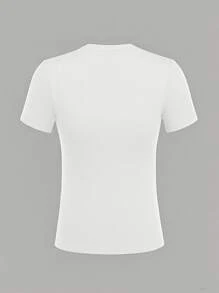 slogan of the alphabet，Ribbed Cotton Women's T-Shirt,College Style Spring Summer New Sports Women's,Draped Fashion Soft Breathable Women's Short Sleeve Tight Top - 白色 - 查看 2