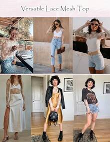Women's Mesh Sheer Tops Long Sleeve Layering Top Mock Neck See Through Floral Lace Shirt Blouse - 白色 - 查看 5