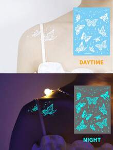 1 Sheets Large Size Blue Luminous Butterfly Tattoo Stickers For Women, Glow In The Dark, Waterproof Temporary Tattoo For Music Festival Party - Multicolor - View 6