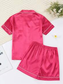 Girls Pajamas, Satin Silky Pjs Set Kids 2Pcs Button-Down Nightwear Sleepwear Gift For Kids - 玫紅色 - 查看 2