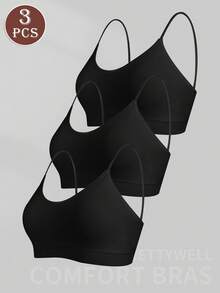 MIOTAN 3 件套女士无钢圈文胸，可拆卸胸垫，日常文胸，条纹设计 - 黑色 - 查看 3