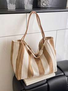Women Striped Shoulder Bag Simple Carrying Bag Large Capacity Stylish Shoulder Purse Casual Shopping Bag Canvas Commuting Bag Summer Stripe Canvas Tote Bag Female Casual Large Capcity Handle Bag Simple Shoulder Bags Shopping Handbag Daily Totes Bag - Khaki - View 2
