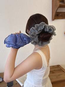 韩国蓝灰色格子网状荷叶边发圈优雅简约蓬松甜甜圈风格发圈，大号发饰，发圈，发球，休闲 - 彩色 - 查看 2