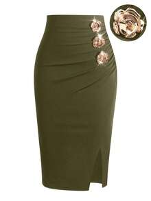 EARO Women Elegant Slim Front Slit Design Skirt, Versatile - Army Green - View 1