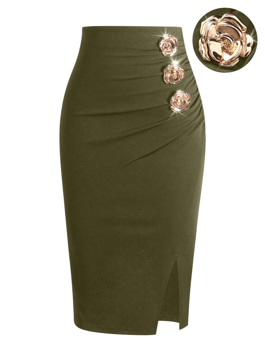 EARO Women Elegant Slim Front Slit Design Skirt, Versatile - Army Green - View 1