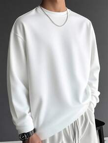 Camiseta de manga larga de unicolor casual para hombres, esencial para capas, primavera/otoño - Blanco - Ver 2