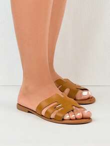 Open Toe Soft Flat Slippers, Fashion Versatile One-Strap Retro Beach Shoes For Holiday - Khaki - View 1