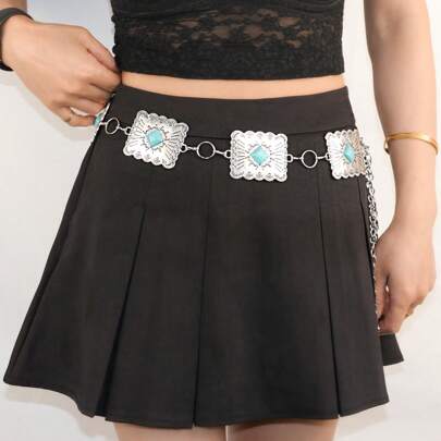 Damen Speckstein-eingelegt Silber Kette Mode Taillenkette, geeignet für Kleider. Rautenmuster Retro Boho Stil Zinklegierung Taillengürtel für Damen, geeignet für Halloween, Hochzeit, Frühling/Sommer/Herbst/Winter, Herbst, Halloween