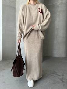 Button Detailed Skirt Set, Solid Color Casual Split Ribbed Button Co-Ord Set For Home Wear - Coffee Brown - View 1
