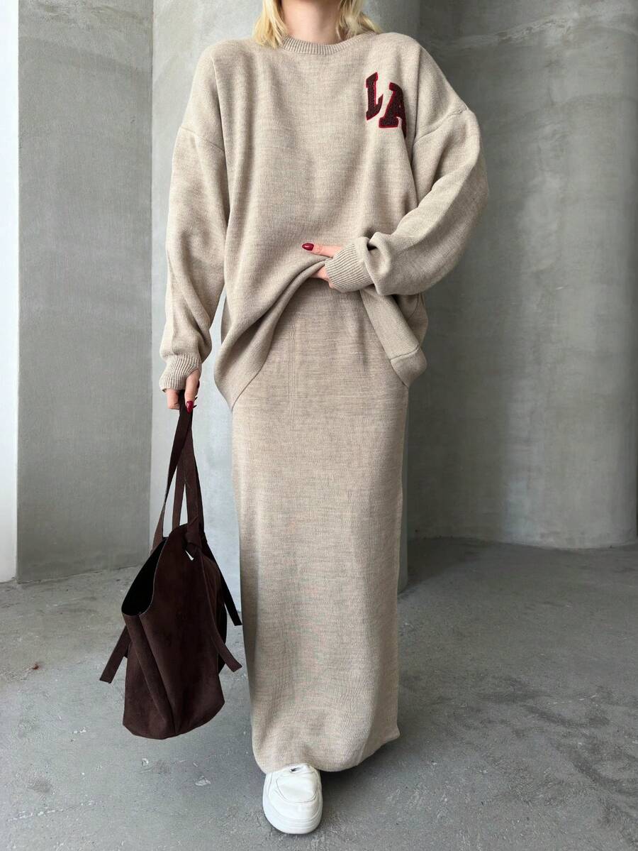 Button Detailed Skirt Set, Solid Color Casual Split Ribbed Button Co-Ord Set For Home Wear - Coffee Brown - View 1