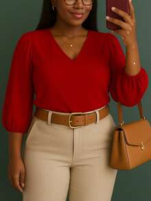 Women's Crepe Duna Blouse With 3/4 Puff Sleeve Plus Size And Slim - Đỏ - Xem 9