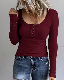Women's Long Sleeve Henley T Shirts Button Down Slim Fit Tops Scoop Neck Ribbed Knit Shirts/Vacation Outfits Women/Valentine Outfits For Women - 酒紅色 - 查看 3