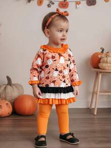 Toddler Girls Hallloween Clothes Set Ghost Pattern Long Sleeve Ruffled Ttim Tops With Striped/Solid Color Pants 2 Pcs Outfit - Orange - View 3