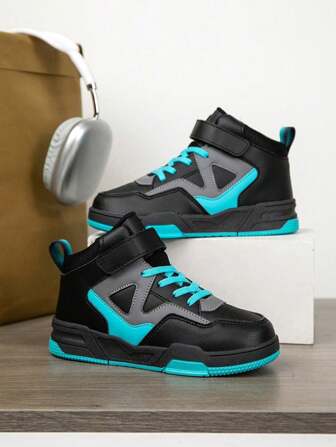 1 Pair Children's High-Top Casual Sneakers, Breathable, Lightweight, Non-Slip, Comfortable Fashion Color Block Design, Suitable For Boys And Girls, All Seasons