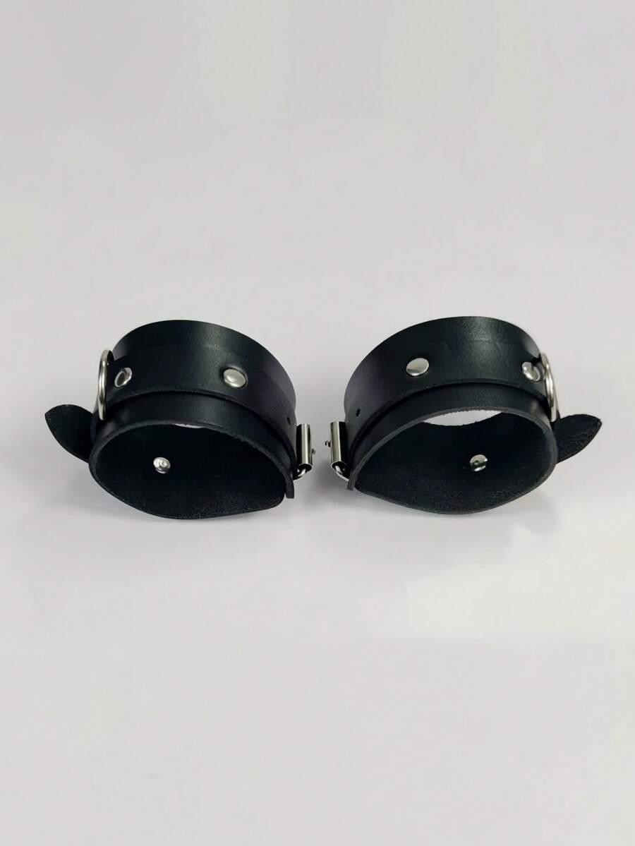 1/2件套真皮性感手铐和脚铐手镯，男女通用角色扮演道具，万圣节 - 黑色 - 查看 1