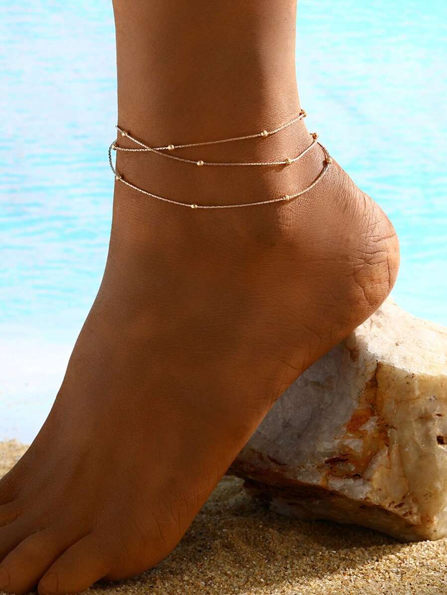 1 Set Of 3 Layered Vintage Bead Anklets, Personalized Metal Ankle Bracelets, Versatile Daily Wear & Gift For Women