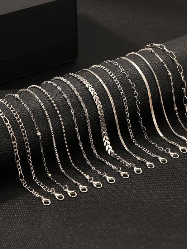 15pcs/Set New Bohemian Minimalist Metal Chain Bracelet Jewelry For Men & Women, Multi-Layer Bracelet Combination