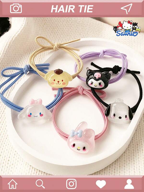 Sanrio 5 stuks Sanrio Polyresin Haarband - Schattige Cartoonfiguren Kuromi, Geschikt voor Hello Kitty, Cinnamoroll - Zachte Elastische Haarelastiekjes Voor Vrouwen - Geweldig Voor Verjaardagen, Feestdagen En Feesten - Verschillende Kleuren, Feestgunsten