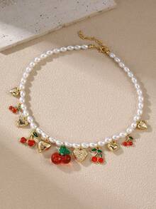 Set de joyas de 1/2 piezas de collar y pulsera con cuentas de perlas falsas con adornos de lazo, corazón, flores de cerámica y cereza para niñas