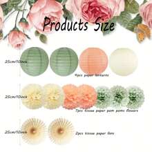 Sage Green Peach Cream Party Decorations Set, 13 Pieces Classic Style Paper Lanterns, Tissue Pom Pom Flowers And Paper Fans, Perfect For Graduation, Birthday, Bridal Shower, Wedding And Engagement Party Decorations