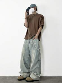 1 pieza Jeans de pierna ancha casual con estilo vintage patchwork, pantalón largo suelto y versátil con decoración de remaches (sin cinturón ni accesorios) - Azul - Ver 7