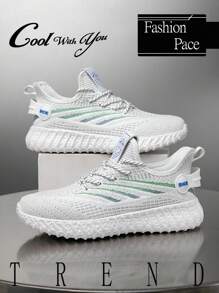 男士时尚撞色条纹网眼低帮系带休闲运动鞋，户外舒适软底轻便步行增高情侣跑步鞋