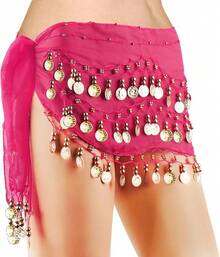 Chiffon Belly Dance Hip Scarf With 128 Coins For Yoga Class - Hot Pink - View 12