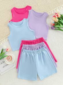 6件套少女休闲运动风纯色无袖背心和简约短裤套装，夏季 - 彩色 - 查看 1