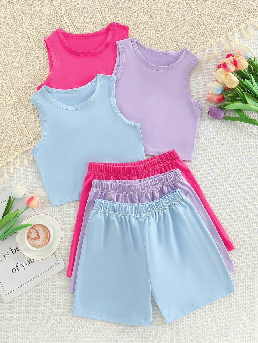 6件套少女休闲运动风纯色无袖背心和简约短裤套装，夏季 - 彩色 - 查看 1