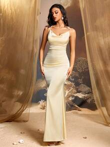 Basrey New Fashionable And Elegant Women's Solid Color Faux Pearl V-Neck Hanging Neck Suspender High Waist Backless Evening Dress - Light Yellow - View 10