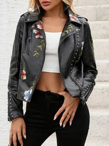 Giacca  da donna con ricami e borchie, giacca moto punk, cappotto vegano floreale