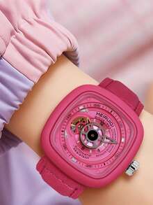 A Ladies' Rose Pink Leather Strap Square Hollow Pointer Type Tourbillon Fully Automatic Mechanical Wrist Watch With A Unique Personalized - one-size - View 5