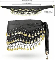 Chiffon Belly Dance Hip Scarf With 128 Coins For Yoga Class - Black - View 11