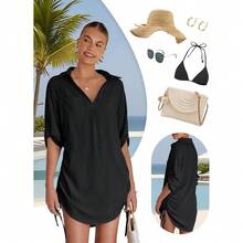Local Delivery Women's Summer Swimwear Drawstring Beach Bikini Dress Shirt Swimsuit Cover - Up Bathing Suit Coverup - 黑色 - 查看 5