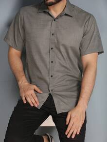Men's Slim Fit Short Sleeve Dress Shirt With Pocket - Màu xám đen - Xem 1